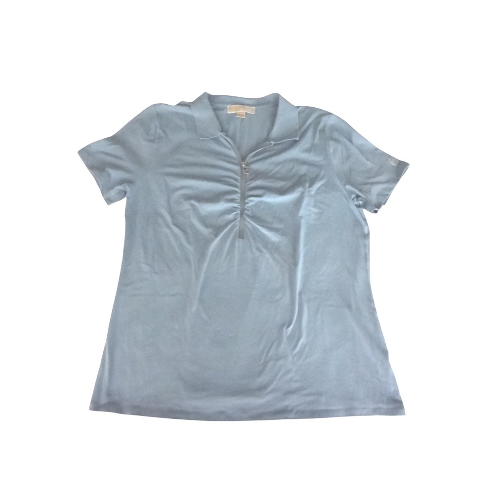 Michael Kors Polo Top Womens XL Light Blue Excellent Zip Front Ruched Jersey